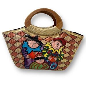 Homemade Custom Painted Top Handle Rattan Bag Jester Trick Or Treat Halloween